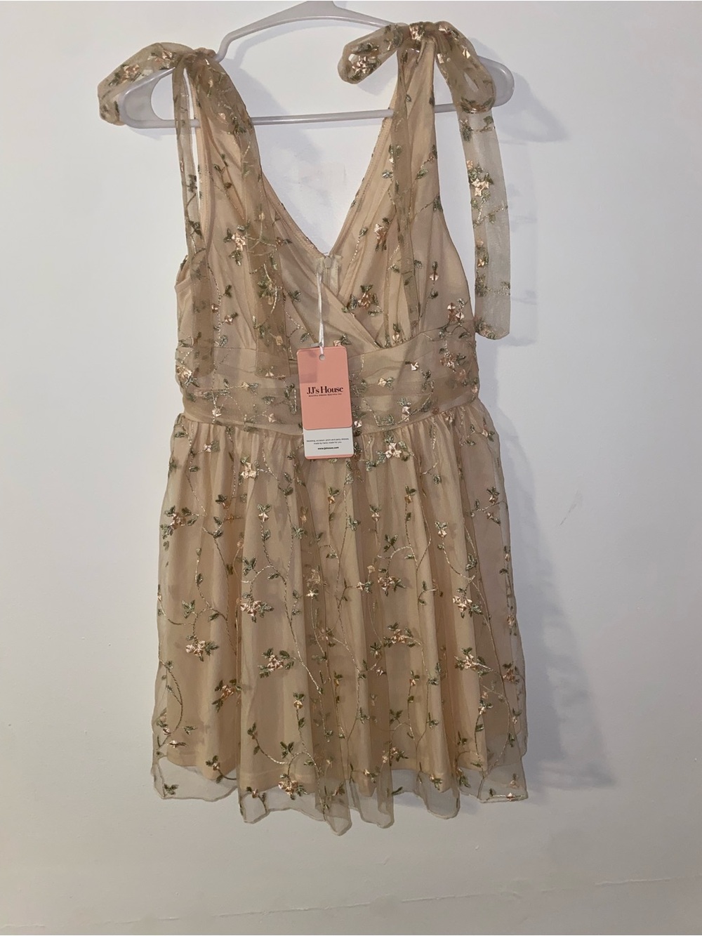 JJ’s House Nude Floral Embroidered Tie-Shoulder Mini Dress